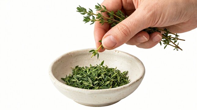Close-up of hand harvesting fresh thyme branches over a ceramic bowl filled with chopped dried thyme leaves against a clean white background