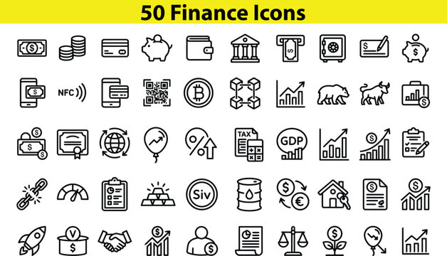 Collection of fifty finance related icons for business presentations and websites