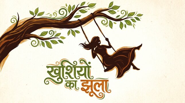 Minimal Green Tree Silhouette with Swing Motif for Elegant Hariyali Teej Festival Greeting