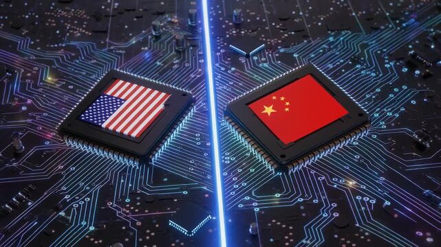 Conceptual image of digital technology competition between USA and China with microchips and national flags on circuit board