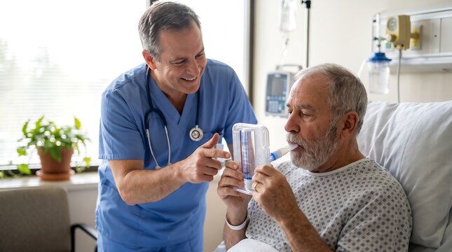 Respiratory therapist guiding senior patient through breathing exercise with incentive spirometer