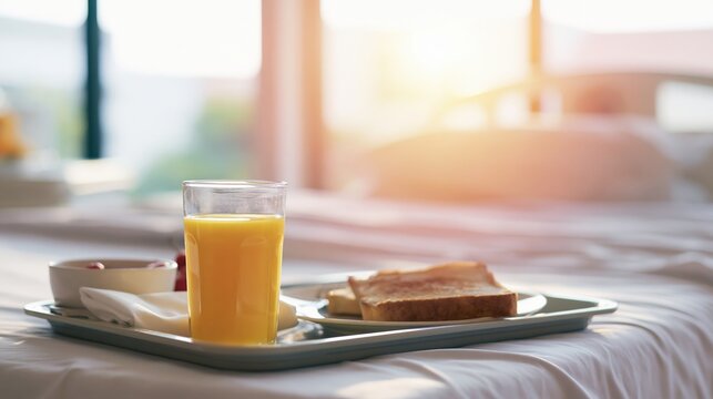 Tray of refreshing orange juice, toast, and fruit for breakfast, placed on a neatly made bed in a hospital room