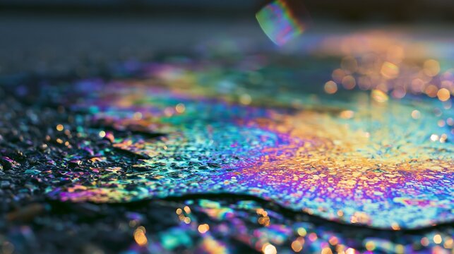 Iridescent oil slick creating vibrant rainbow pattern on wet asphalt, abstract liquid texture reflecting light