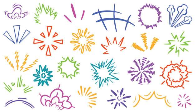 Hand drawn sketch doodle action effect. Line speed effect doodle line set. Boom explosive motion line element. Cartoon Comic boom burst smoke. Explosive energy cartoon vector icon illustration