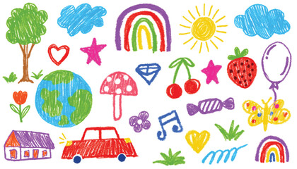 Kids Hand Drawn Crayon Doodle Vector Set with Cute Animals, Rainbow, House, Planets and Child Sketch Illustrations for Nursery, Baby Pattern, Posters and Kindergarten Design