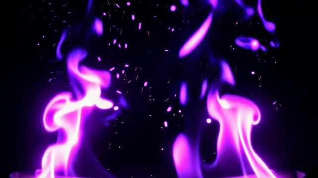 Vibrant purple flames on a dark background with sparks flying around