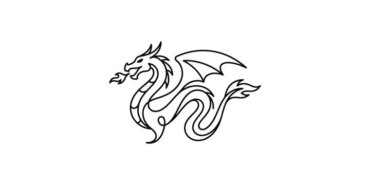 Continuous single line drawing of a mythical fire breathing dragon.