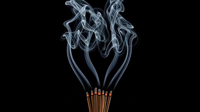 A bundle of lit incense sticks emits swirling smoke against a stark black backdrop for a striking visual contrast.