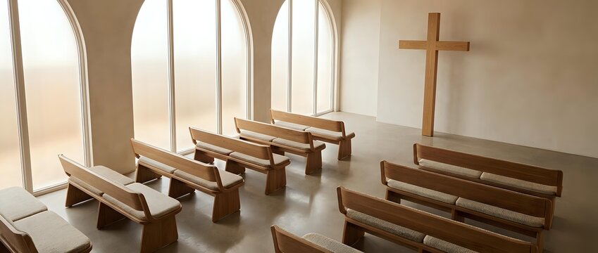 Serene wooden pews arranged in rows inside a minimalist chapel with arched windows, wooden cross on wall, and soft natural light for worship and spiritual gatherings.