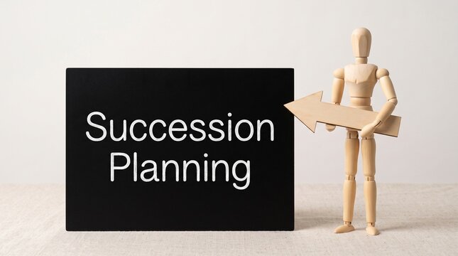 Succession planning business concept, wooden mannequin holding arrow pointing to succession planning text, corporate leadership transition strategy
