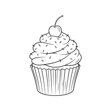 Cupcake with cherry on top line art vector illustration for coloring book and food design projects