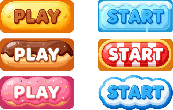 Colorful play and start buttons, vector game UI elements, web navigation icons, colorful buttons