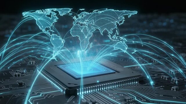 Global digital network concept with world map and microchip showing technology and data connectivity