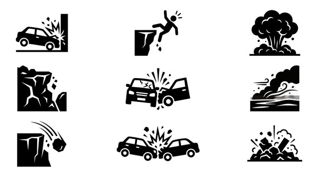 Black icons of car crash scenes.