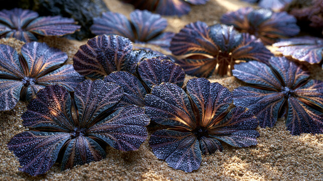 Clypeaster subdepressus sand dollar colony resting undisturbed on sandy lagoon floor, multiple individuals partially buried at varying orientation angles, ambulacral petal pattern repeating across s