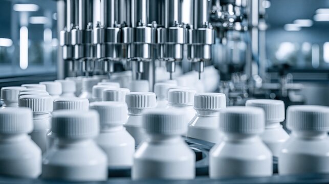 Bottles on an automated production line in modern biolab