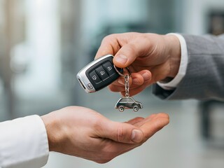 Handing over car keys with keychain for sale or rental concept, close up on white background