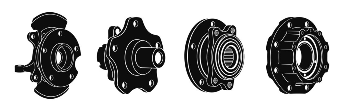 Automotive wheel hub bearing units set for vehicle suspension and drivetrain transmission.