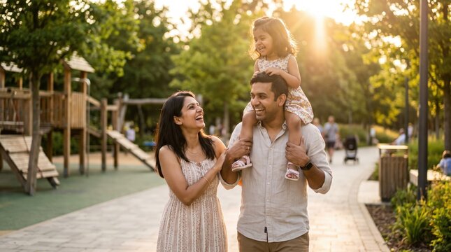 Authentic Happy Indian Family Bonding in Modern Park at Golden Hour, Weekend Holiday Lifestyle, Father Carrying Daughter on Shoulders, Mother Laughing Together, Warm Sunlight, Creamy Bokeh