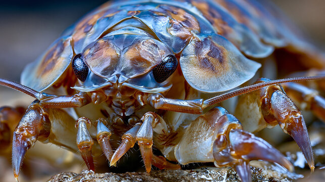 Deep sea isopod Bathynomus giganteus dorsal segmentation plate interlocking detail, compound eye facet resolution at macro scale, pereopod leg articulation preserved, abyssal gigantism body plan in 