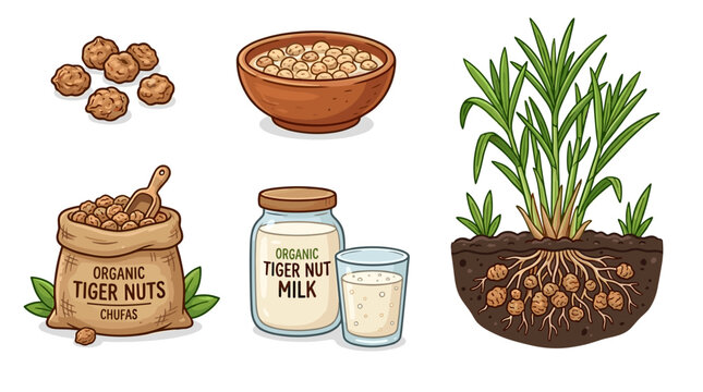 Organic Tiger Nuts Collection featuring Chufa Tubers, Plant, and Vegan Nut Milk Illustration Set