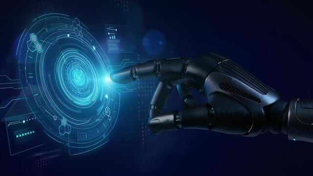 Futuristic robotic hand interacting with glowing digital interface technology concept