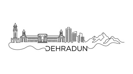 Obraz premium Minimalist Continuous Line Drawing of Dehradun City Skyline Featuring Famous Architectural Landmarks and Mountainous Landscapes