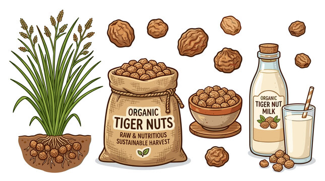 Hand Drawn Illustration of Organic Tiger Nuts Plant Sack Bowl and Nut Milk