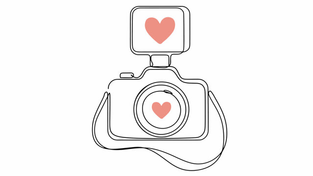 A simple black camera illustration features heart symbols in pink. The hearts add a playful element to the classic camera shape.