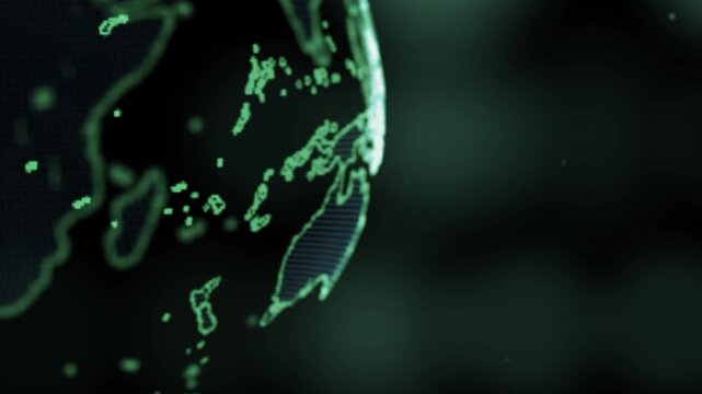 3D Digital Holographic Planet Earth Rotating on Black Background with Green Particles, Futuristic Global Technology Network Concept Animation.