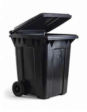 A black wheeled trash bin with its lid partially open against a white background