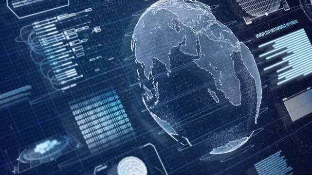 Futuristic digital globe with hud interface, global network communication data screen, scifi technology hologram planet earth loop animation, cyber security high tech background.