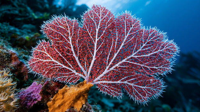 Gorgonia ventalina sea fan polyp network spread across current-facing substrate, calcite axis branching in dichotomous planar array, zooid cups arranged along each branch, encrusting sponge competin