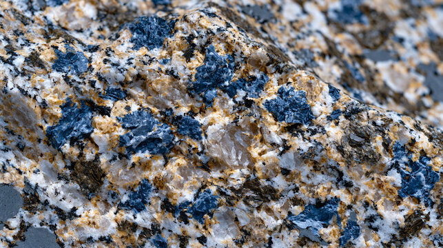 Granite slab macro surface under raking light, interlocking feldspar quartz and biotite mineral grain constellation, plutonic igneous texture, countertop material reference, geological thin section 