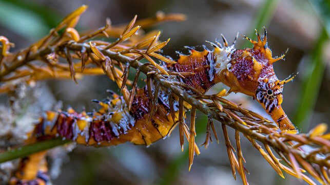 Hippocampus guttulatus camouflage pattern pressed against sargassum frond, dermal spine array mimicking algae filament texture, bony plate segmentation visible across body, tail coil anchoring to ho