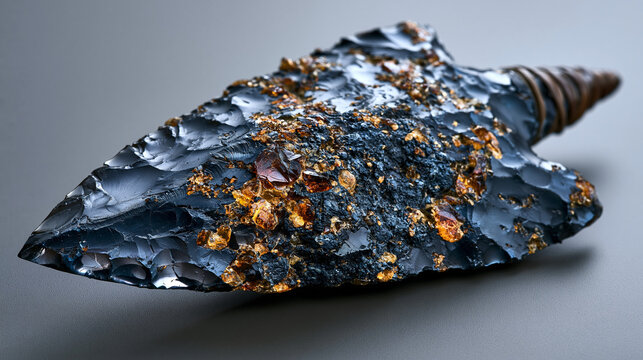Knapped obsidian arrowhead showing conchoidal fracture edge detail under dramatic raking light, volcanic glass flintknapping craftsmanship, archaeological lithic artifact, rhyolitic silica documenta