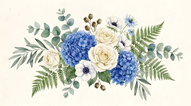 Elegant Watercolor Floral Arrangement with Blue Hydrangeas White Roses and Greenery