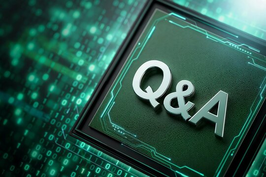 Close-up of Q&A text on a circuit board background with glowing green lights and binary code