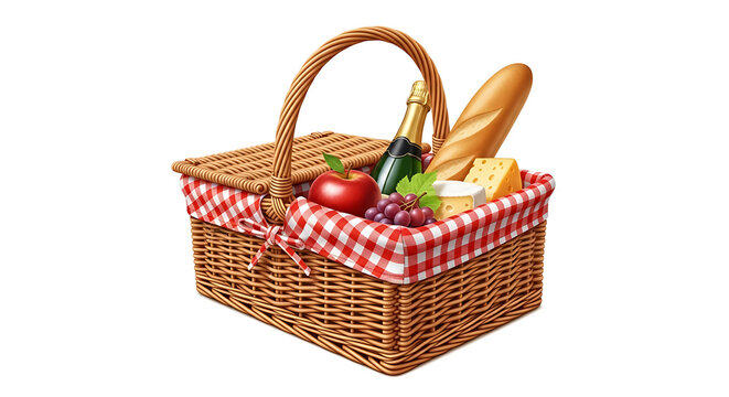 Wicker picnic basket with food and wine. Traditional hamper with baguette and champagne.