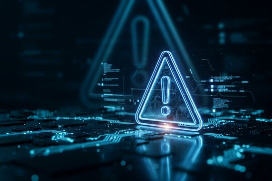 Neon warning sign with exclamation mark in dark digital background with circuit board