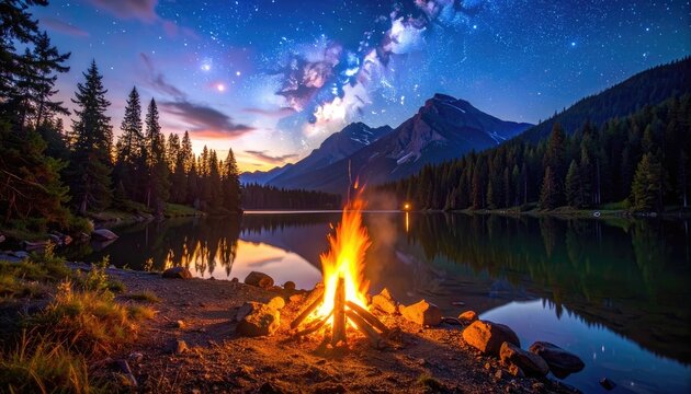 A serene campfire illuminates a tranquil lake under a starry night sky with mountains in the distance.