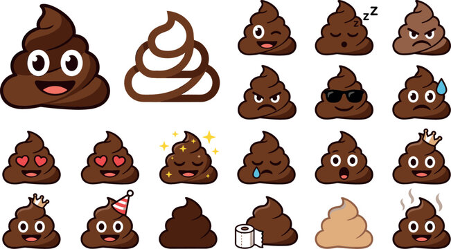 Funny poop emoji emoticon vector cartoon character set featuring various facial expressions emotions icons toilet paper king crown birthday hat isolated