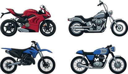 Modern and vintage motorcycles vector cartoon illustration set featuring red sportbike chopper cruiser blue dirt bike and classic cafe racer isolated on white © MstRowshanAra