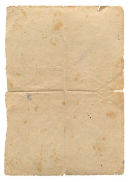 vertical long old aged paper texture with beige tint creases and folds on white