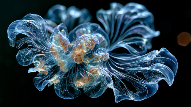 Pteropod Cimacina limacina shell transparency magnified in Arctic surface water, calcium carbonate wing shell mineral dissolution at ocean acidification boundary, pelagic gastropod shell structure e