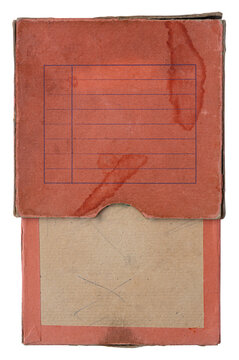 Open vintage magnetic audio tape reel box with a blank lined track list, worn red cardboard cover and stained label isolated on white