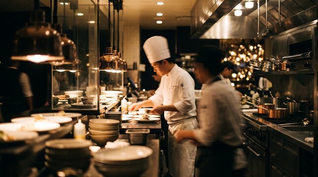 Professional chefs working in busy restaurant kitchen preparing gourmet dishes on metal counters with warm ambient lighting and focused atmosphere for high end dining service industry