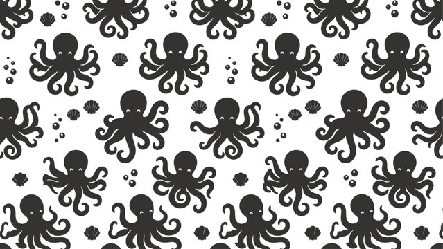 Cute Octopus Seamless Pattern. Black and White Marine Life Background with Sea Shells and Bubbles. Kids Fabric, Wallpaper, Print Design. Flat vector illustration EPS 10.