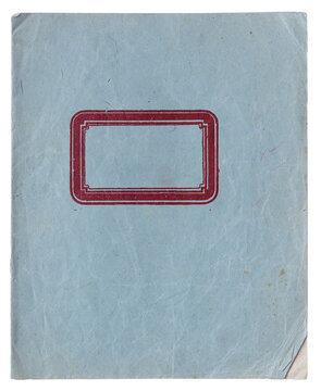 Vintage blue paper notebook cover with red label frame, front view aged school copybook background