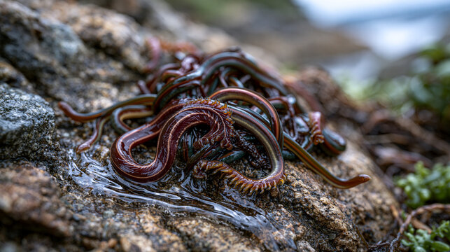 Ribbon worm Lineus longissimus tangled mass on exposed intertidal boulder, proboscis extended and contracted simultaneously at different body regions, mucus trail glistening on rock surface, nemerte